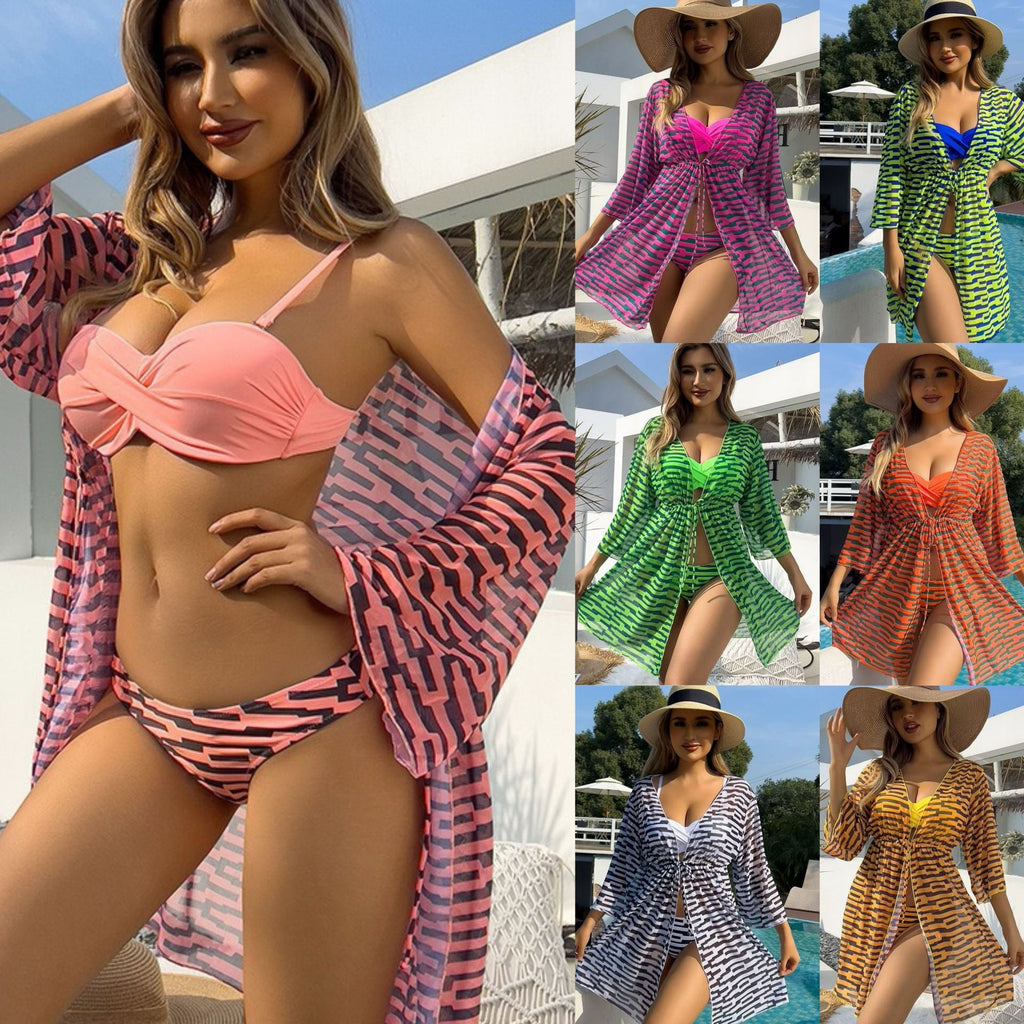 Lonkey Mesh Three Piece Swimsuit Women's Digital Printing Twist Bag Sun Protection Clothing