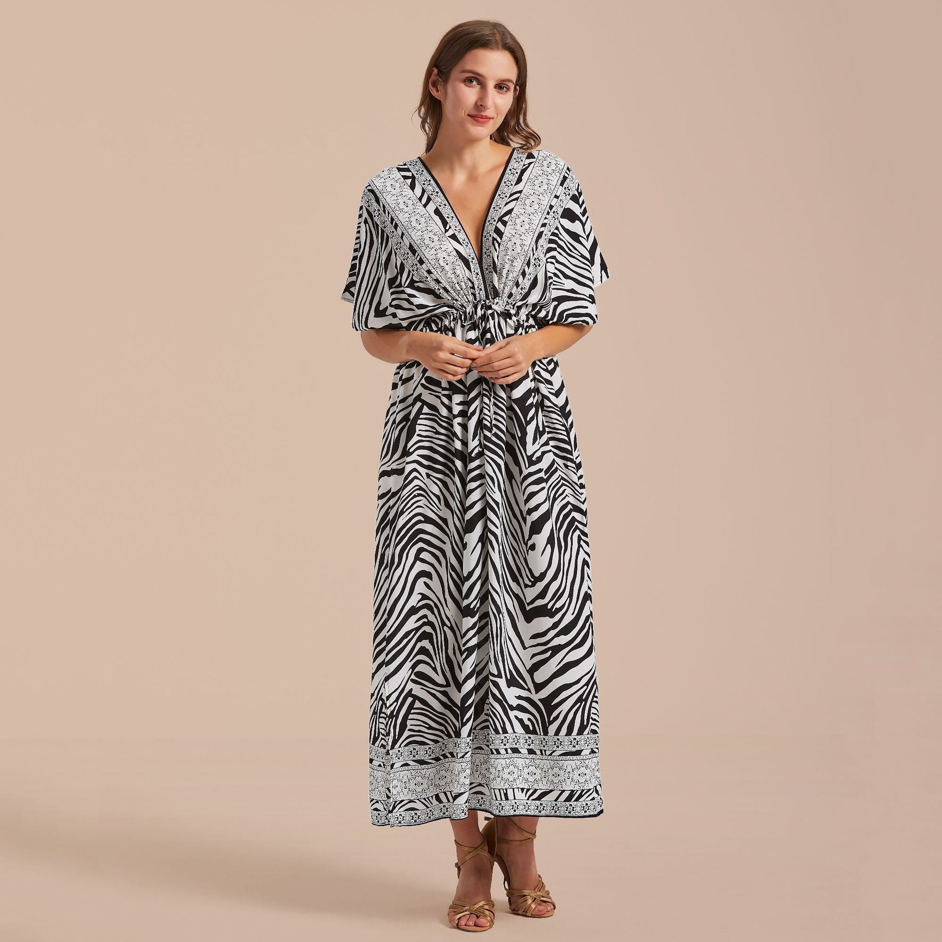 Printed Front Back V neck Pull Belt Holiday Casual Beach Bikini Cover