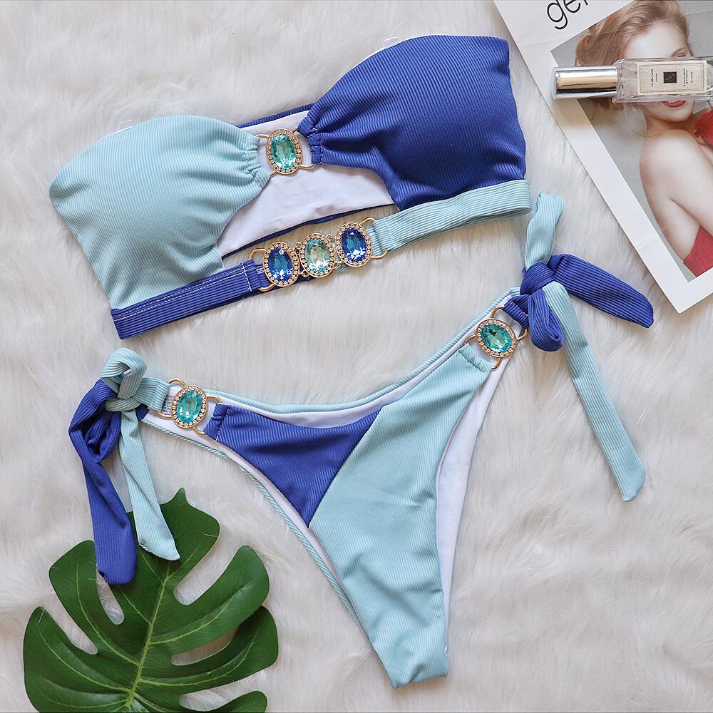 Sexy Crystal Diamond Bikini Removable Chest Pad Swimsuit Stitching Tube Top Strap Split Swimsuit Bella Mia