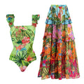 French Flying Sleeve Printed One Piece Swimsuit Women Cake Skirt