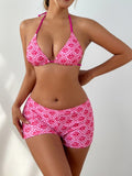 Shencai Floral Printed Sexy Sling plus Four Corner Boxer Shorts Three Piece Bikini