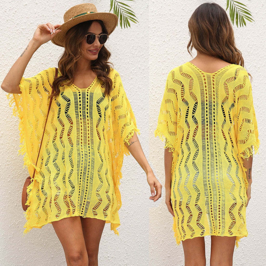 Women Clothing Sexy Hollow Out Cutout See-through Woven Blouse Wave Pattern Loose Beach Dress for Women