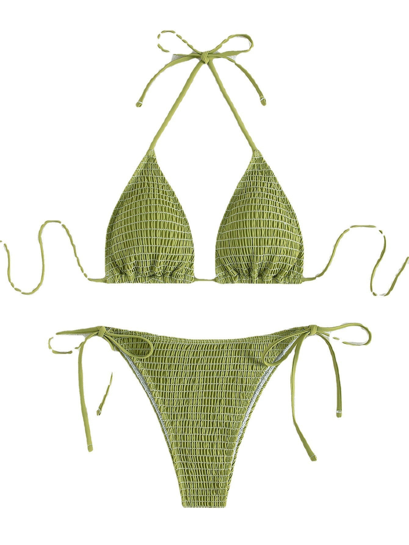 Printing Halter Spaghetti Straps Sexy Bikini Pleated Lace up Triangle Spring Split Swimsuit