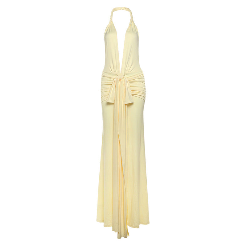 Women Autumn Winter Women Sexy Backless Halter Deep V Plunge neck Solid Color Split Dress Women