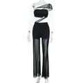 Sexy Mesh Stitching Tube Top One Piece Wide Leg Pants Hollow Out Cutout out See through Women Clothing