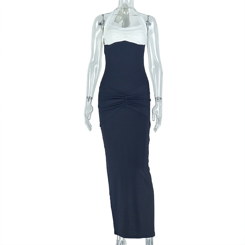Slim Slimming Patchwork One Step Halter Ruffle Hip Maxi Dress Elegant Women Commuting Wear