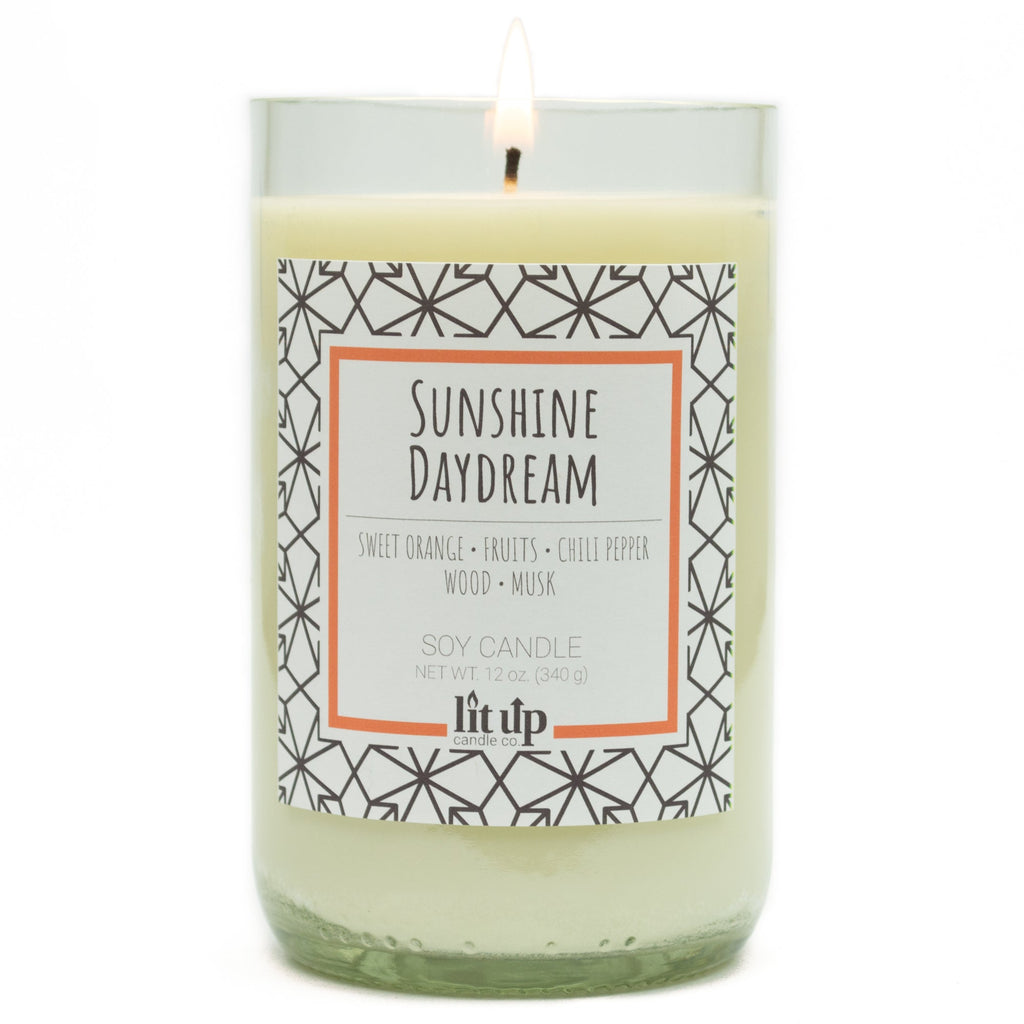 Sunshine Daydream scented 12 oz. soy candle in upcycled wine bottle - FKA Sweet Orange & Chili Pepper