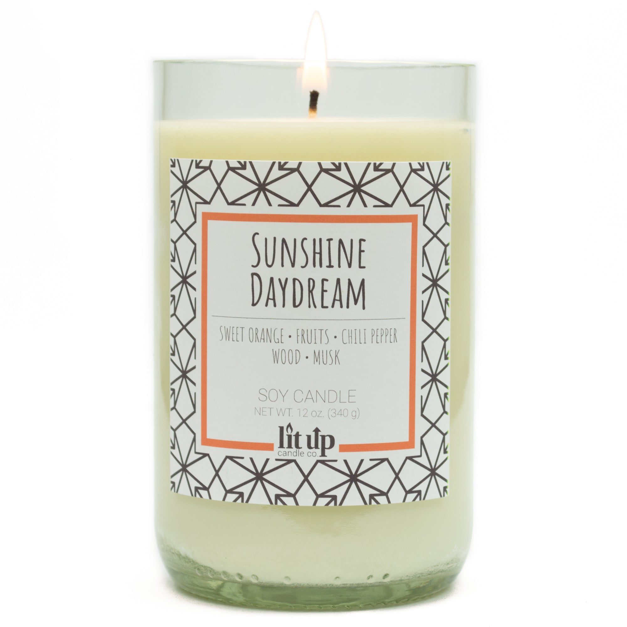 Sunshine Daydream scented 12 oz. soy candle in upcycled wine bottle - FKA Sweet Orange & Chili Pepper