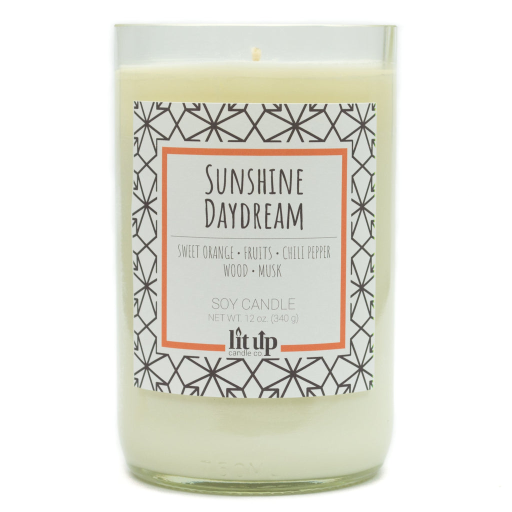 Sunshine Daydream scented 12 oz. soy candle in upcycled wine bottle - FKA Sweet Orange & Chili Pepper