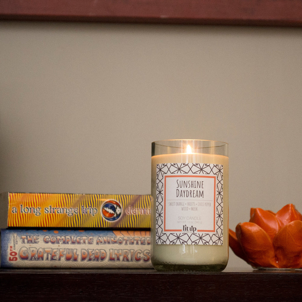 Sunshine Daydream scented 12 oz. soy candle in upcycled wine bottle - FKA Sweet Orange & Chili Pepper