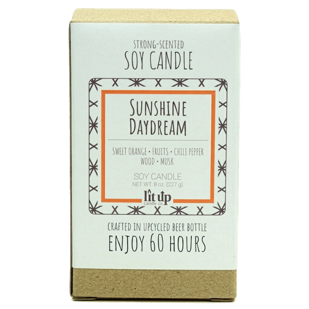 Sunshine Daydream scented 8 oz. soy candle in upcycled beer bottle - FKA Sweet Orange & Chili Pepper