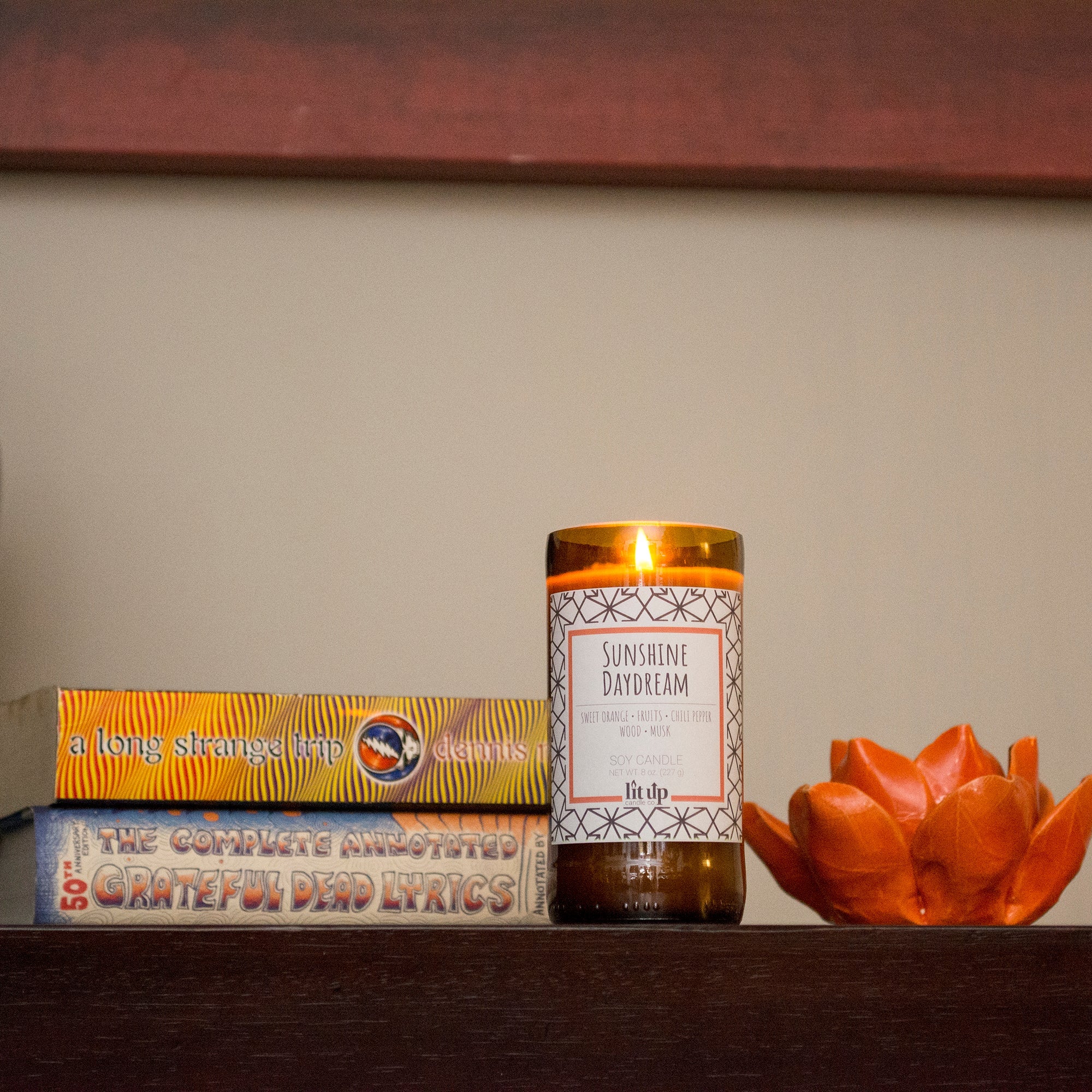 Sunshine Daydream scented 8 oz. soy candle in upcycled beer bottle - FKA Sweet Orange & Chili Pepper
