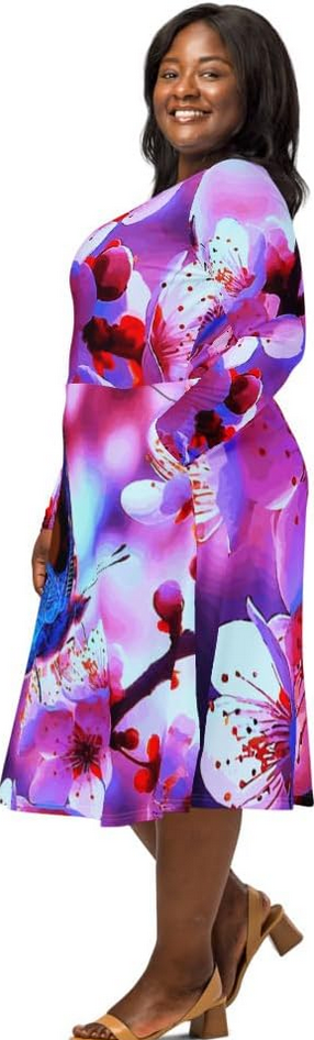 Beautiful Butterfly with Cherry Blossoms Printed Long Sleeve Midi Dress