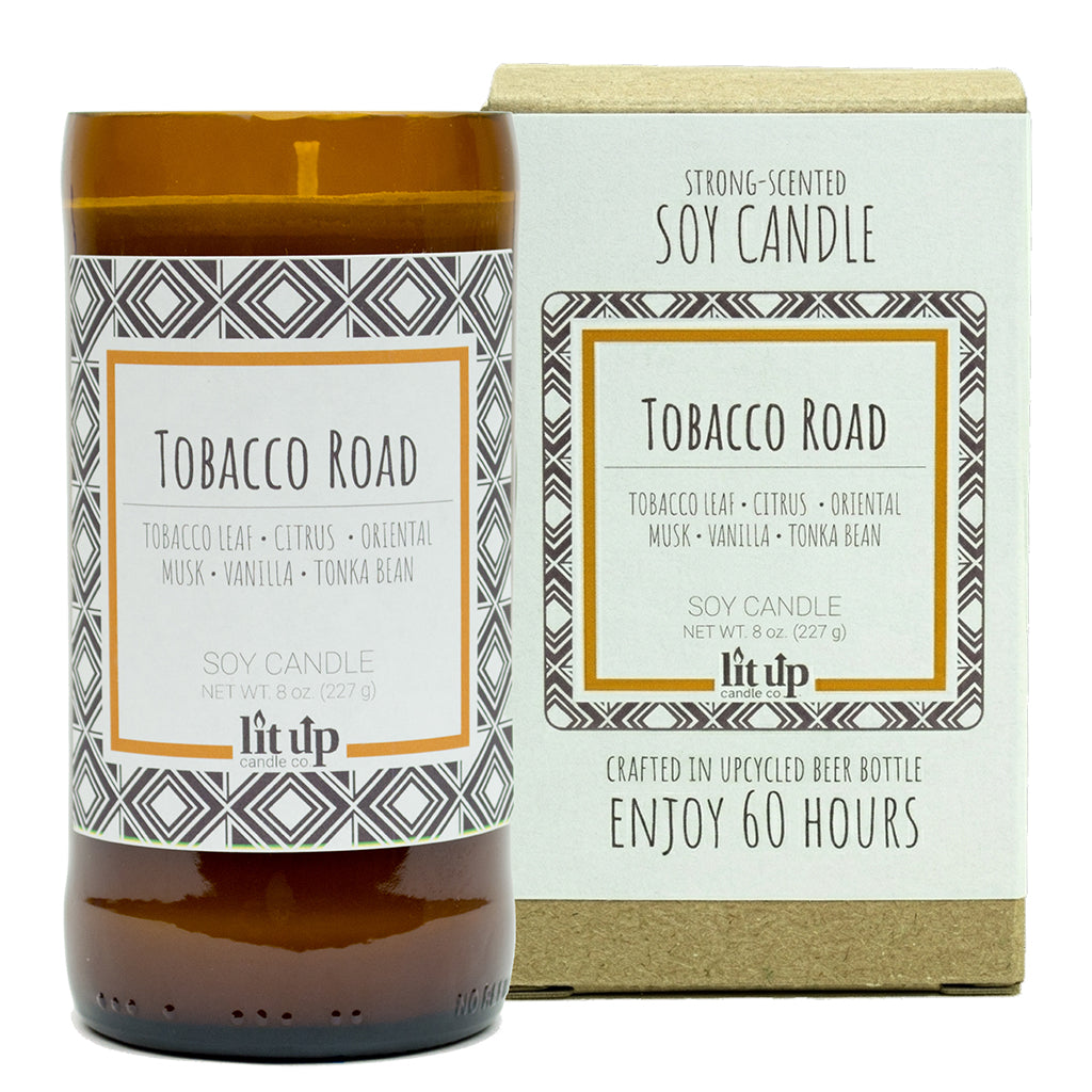 Tobacco Road scented 8 oz. soy candle in upcycled beer bottle - FKA Tobacco Caramel