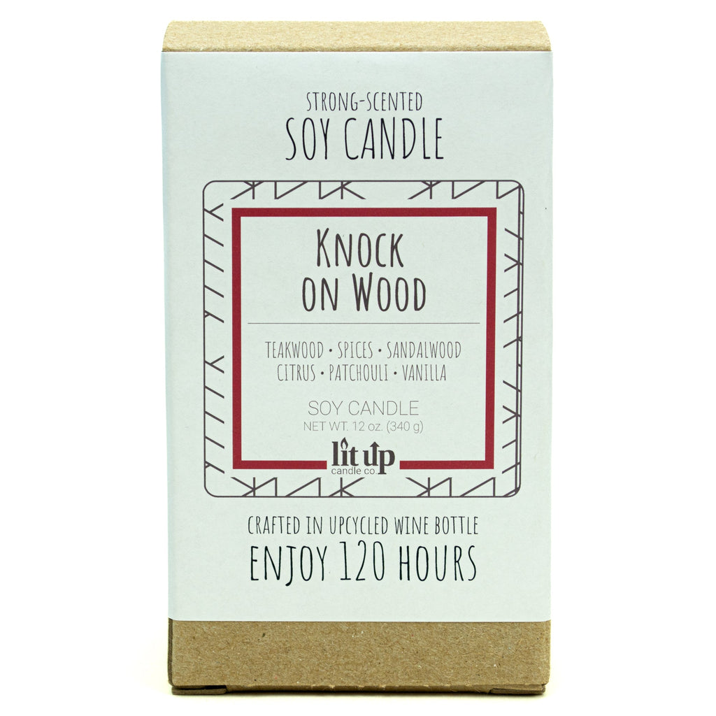 Knock on Wood scented 12 oz. soy candle in upcycled wine bottle - FKA Teakwood & Cardamom