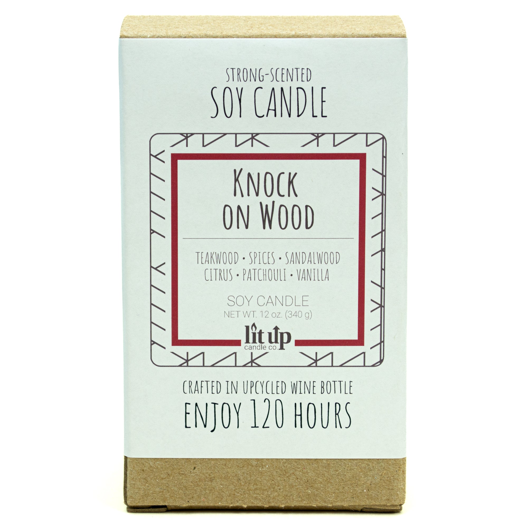 Knock on Wood scented 12 oz. soy candle in upcycled wine bottle - FKA Teakwood & Cardamom