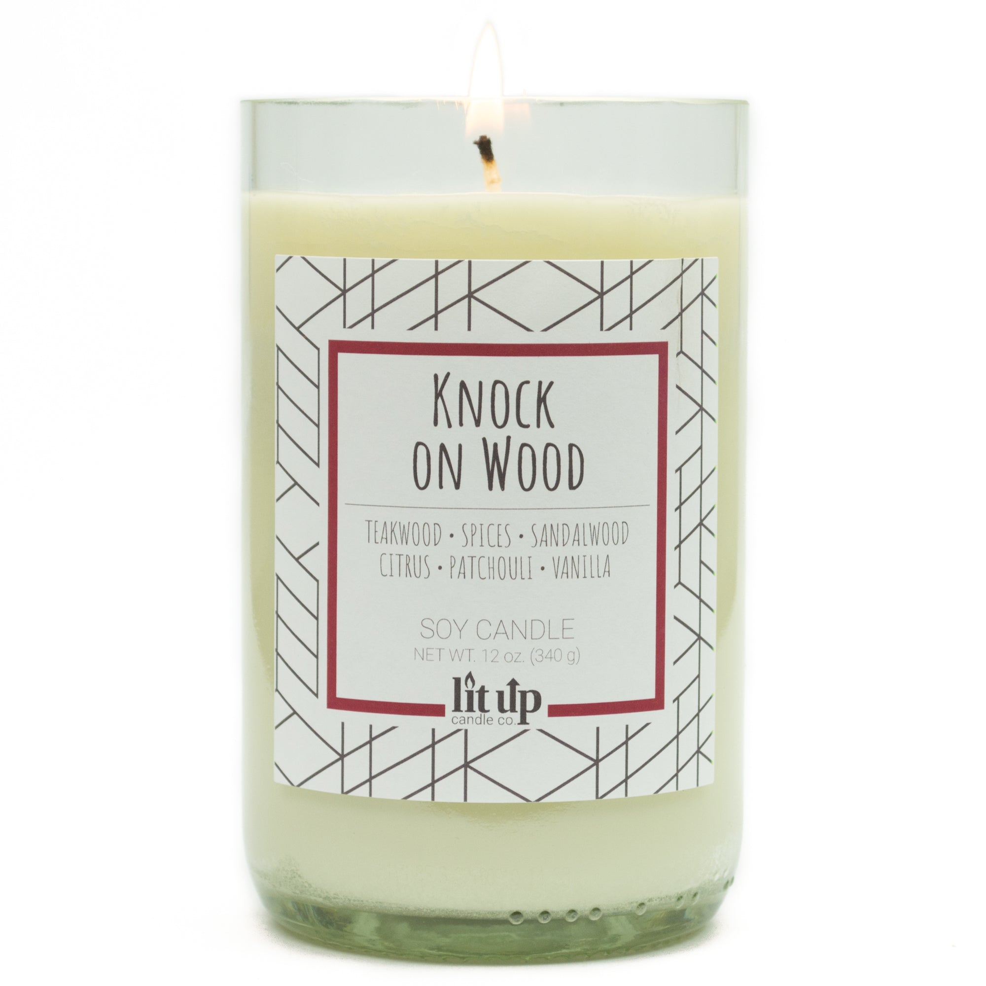 Knock on Wood scented 12 oz. soy candle in upcycled wine bottle - FKA Teakwood & Cardamom