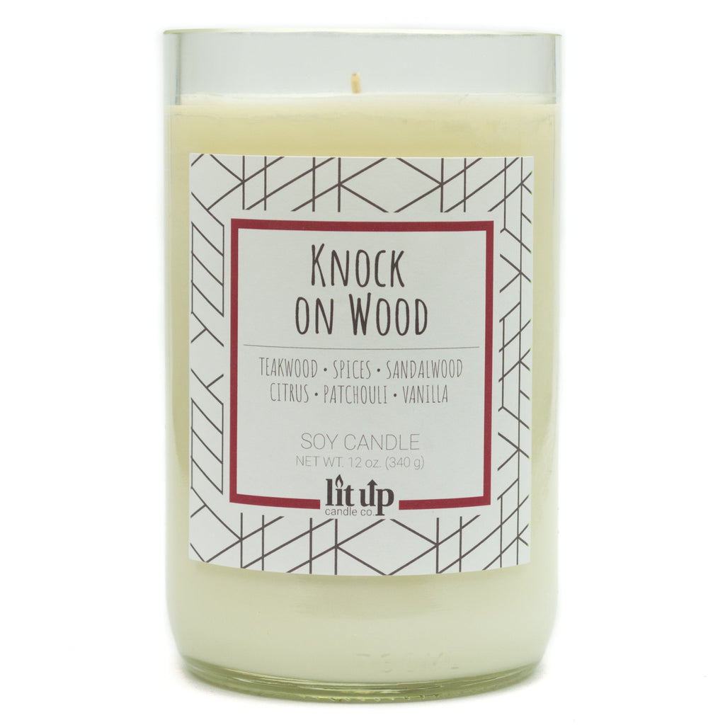 Knock on Wood scented 12 oz. soy candle in upcycled wine bottle - FKA Teakwood & Cardamom