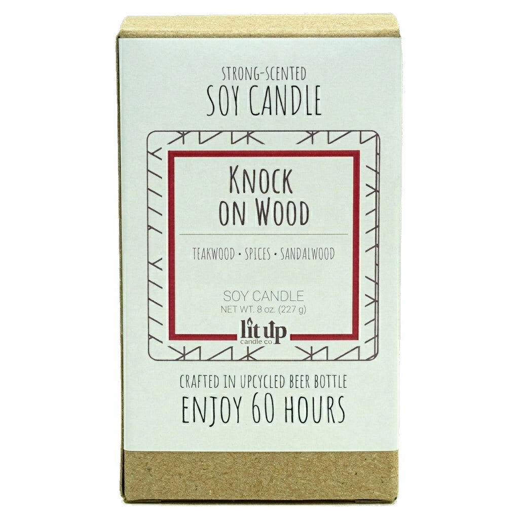 Knock on Wood scented 8 oz. soy candle in upcycled beer bottle - FKA Teakwood & Cardamom