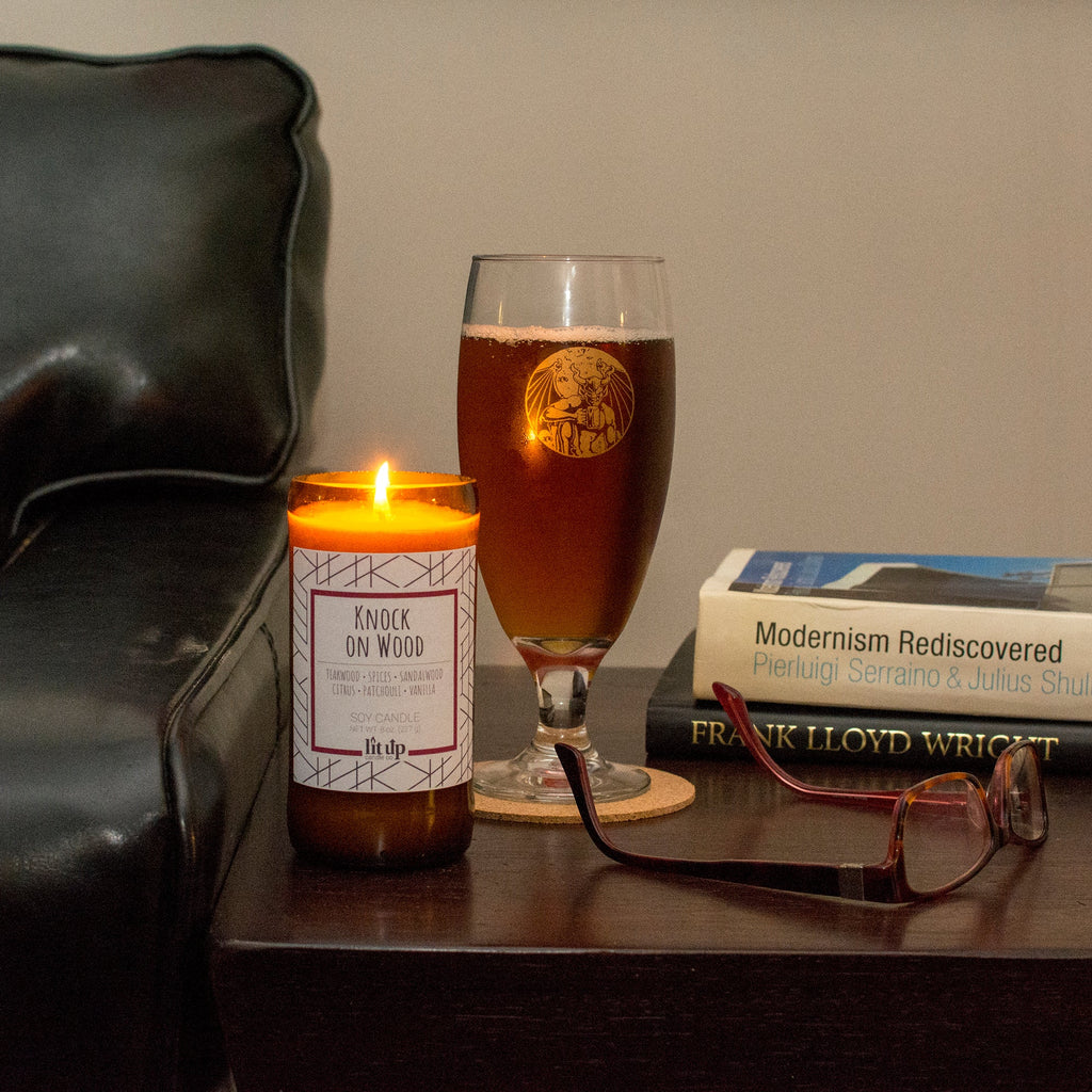 Knock on Wood scented 8 oz. soy candle in upcycled beer bottle - FKA Teakwood & Cardamom