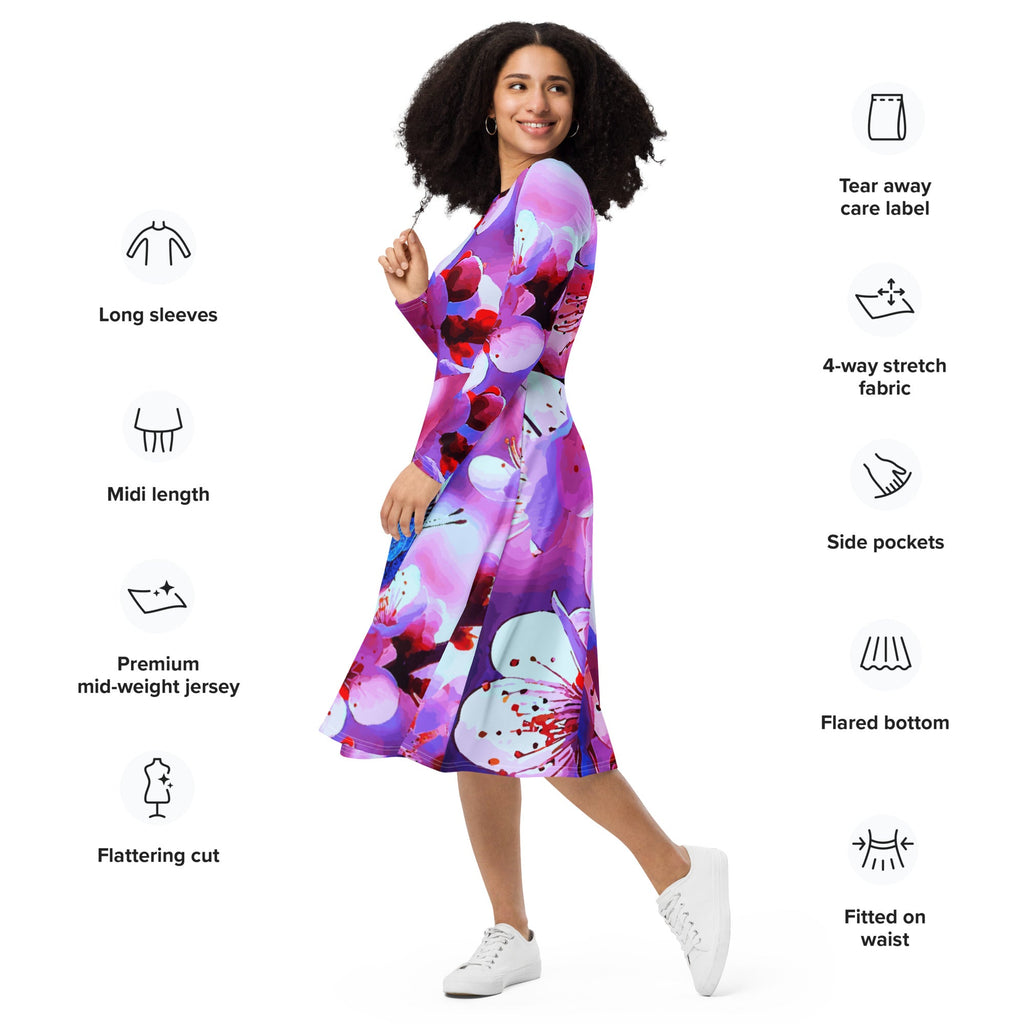 Beautiful Butterfly with Cherry Blossoms Printed Long Sleeve Midi Dress