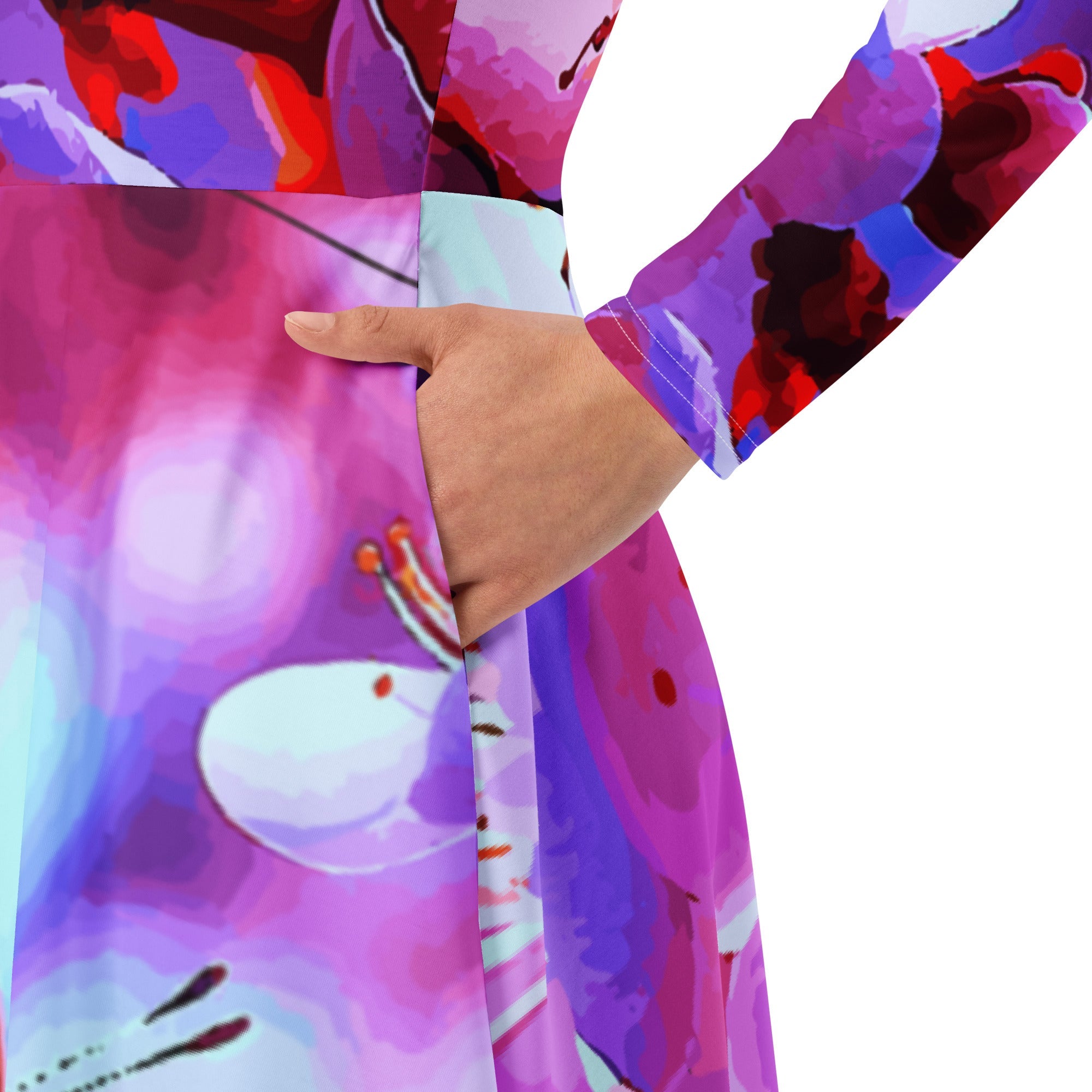 Beautiful Butterfly with Cherry Blossoms Printed Long Sleeve Midi Dress