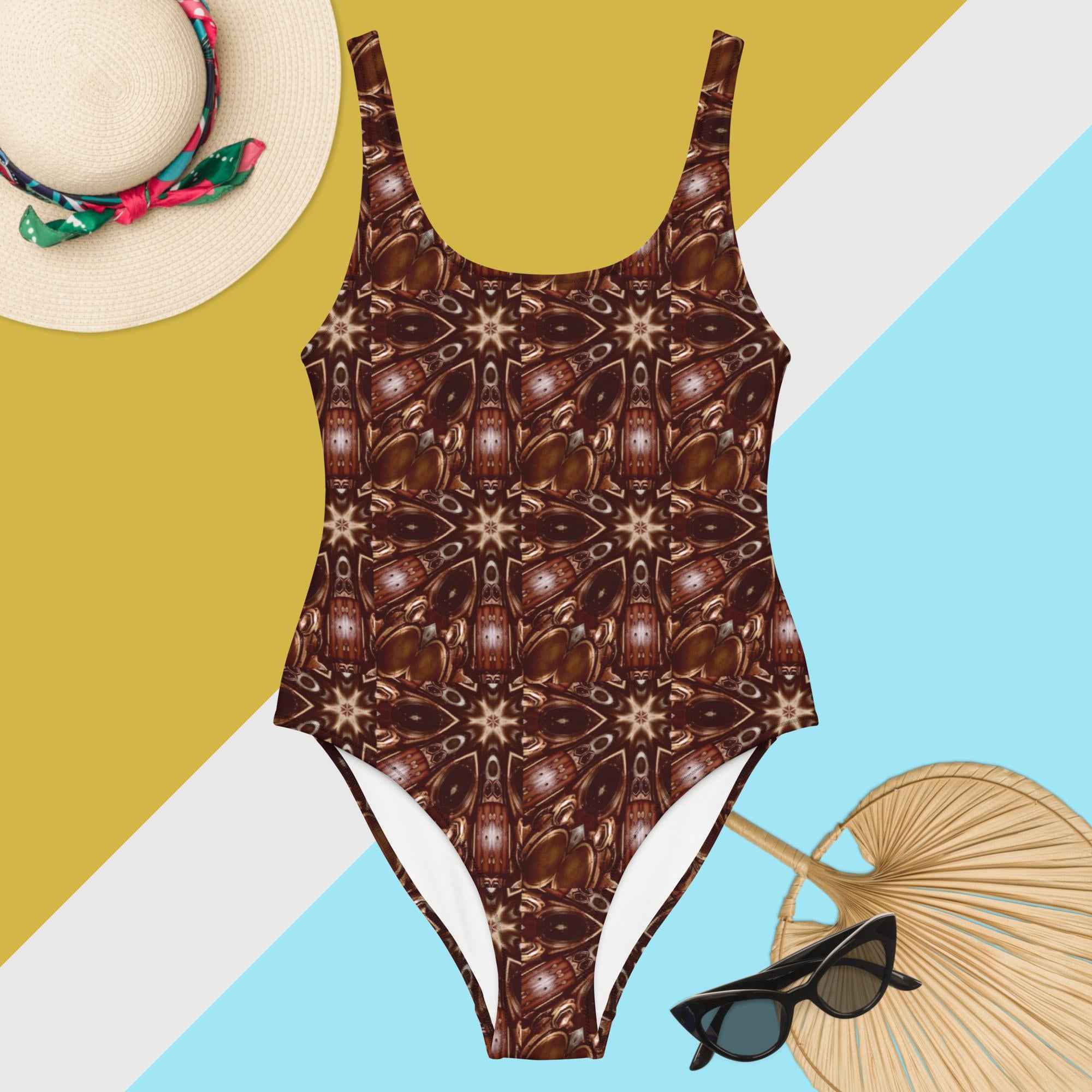 Steamy Brown Steampunk Design One-Piece Swimsuit