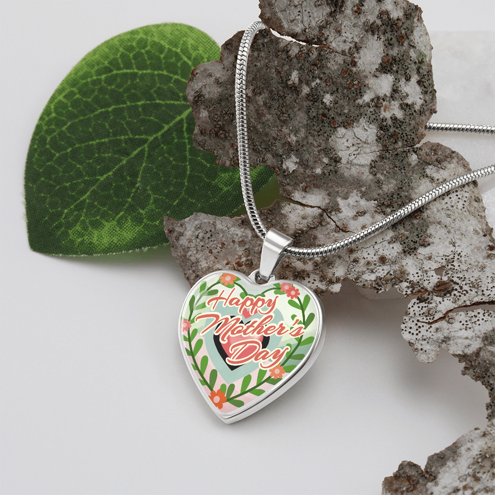 Happy Mother's Day Floral Heart Shaped Graphic Necklace