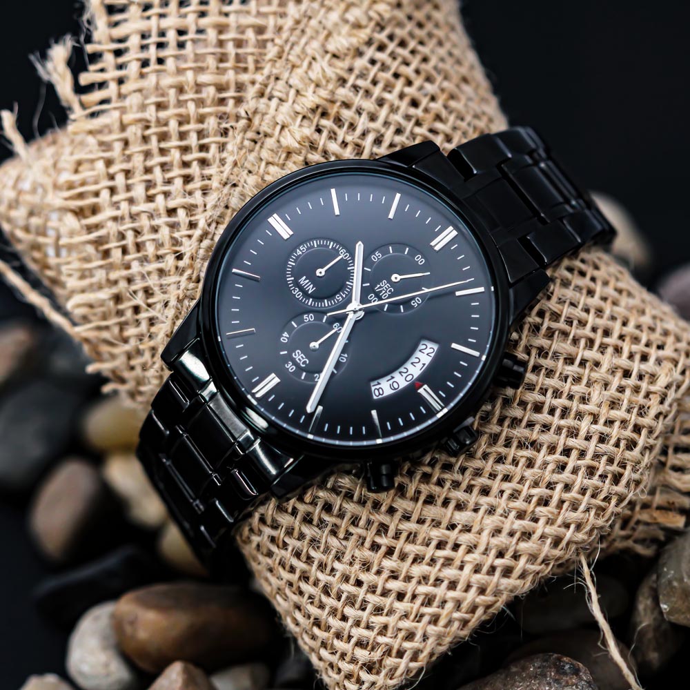 Livin' on a Prayer Faith Based Engraved Black Chronograph Watch