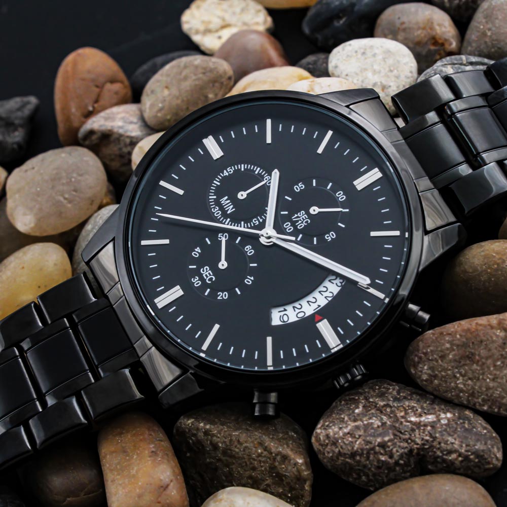 Just Out Here Trusting God Engraved Black Chronograph Watch
