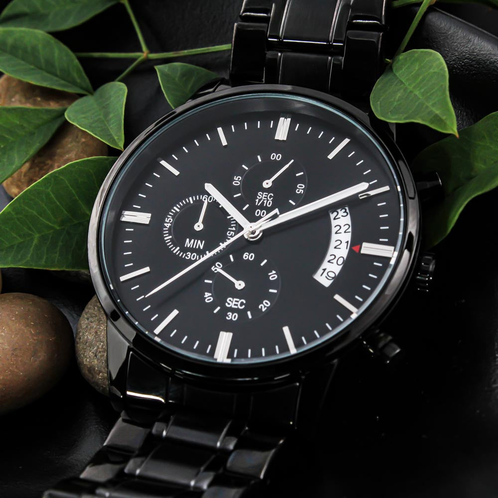 Born to Hunt Forced to Work Engraved Black Chronograph Watch