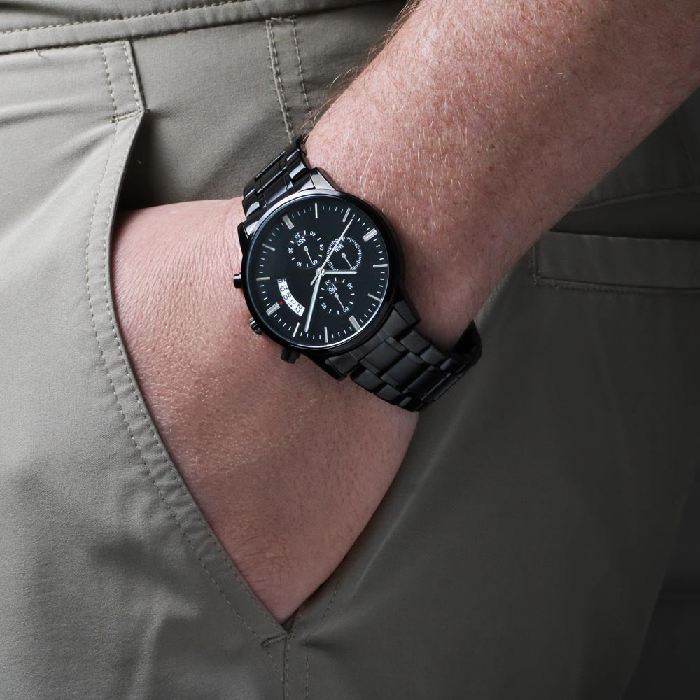 Jesus is My Super Hero Faith Based Engraved Black Chronograph Watch