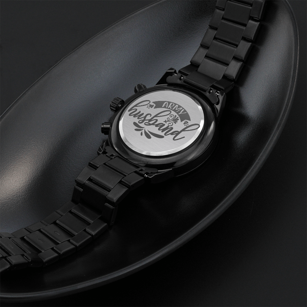 Army Husband Engraved Design Black Chronograph Watch