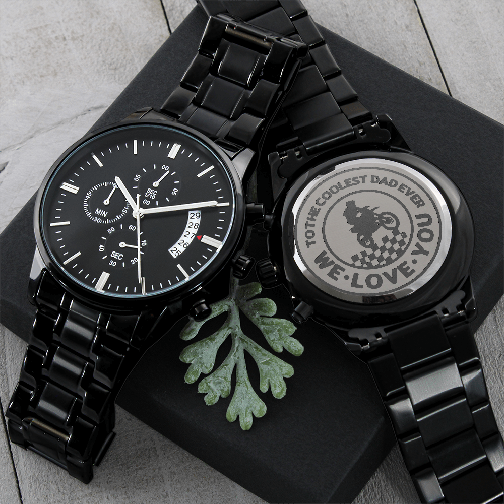 To the Coolest Dad Motocross Rider Engraved Black Chronograph Watch