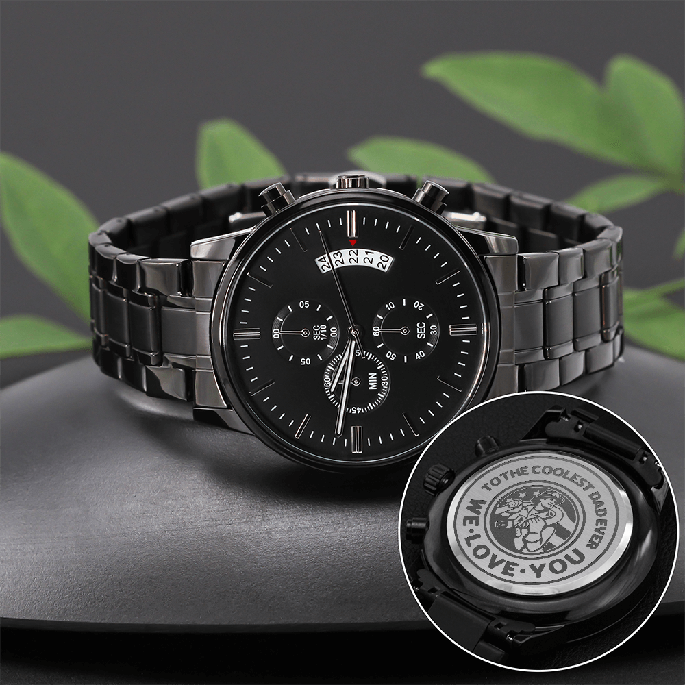 To the Coolest Dad Ever Firefighter Engraved Black Chronograph Watch