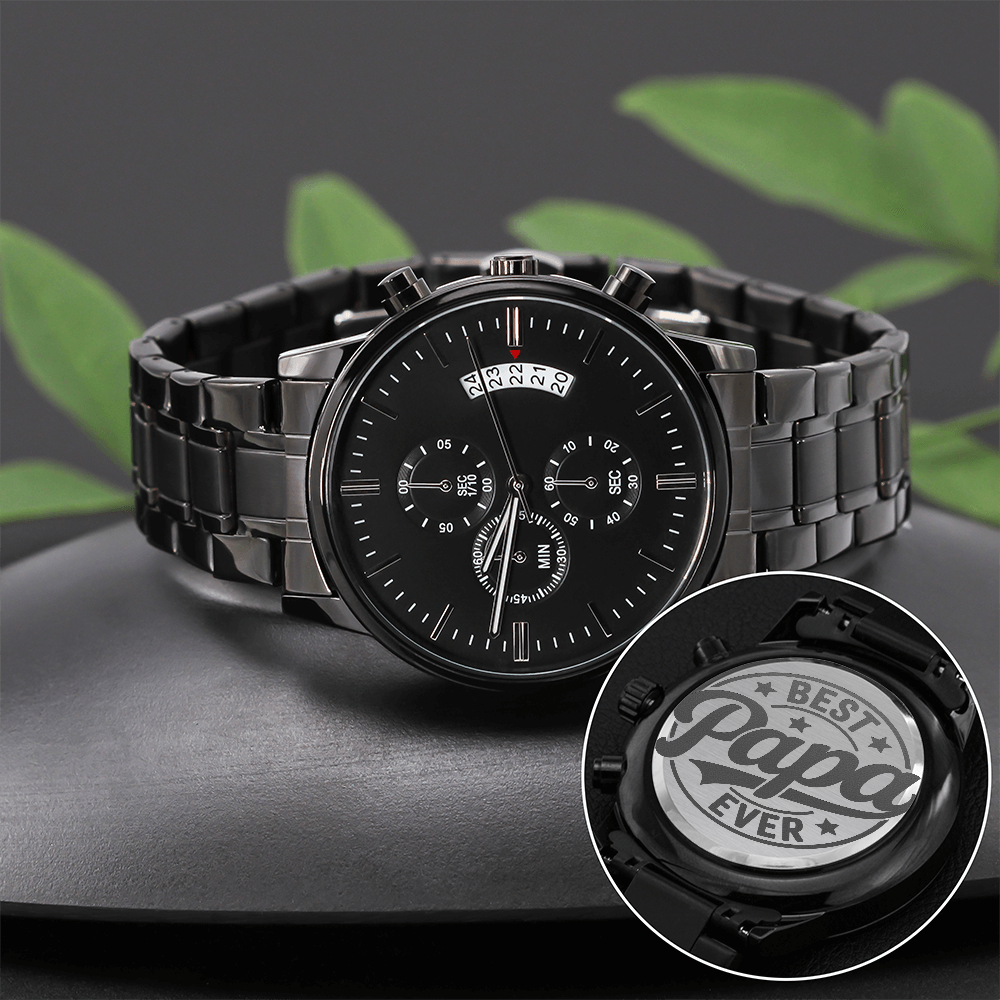Best Papa Ever Happy Father's Day Engraved Black Chronograph Watch