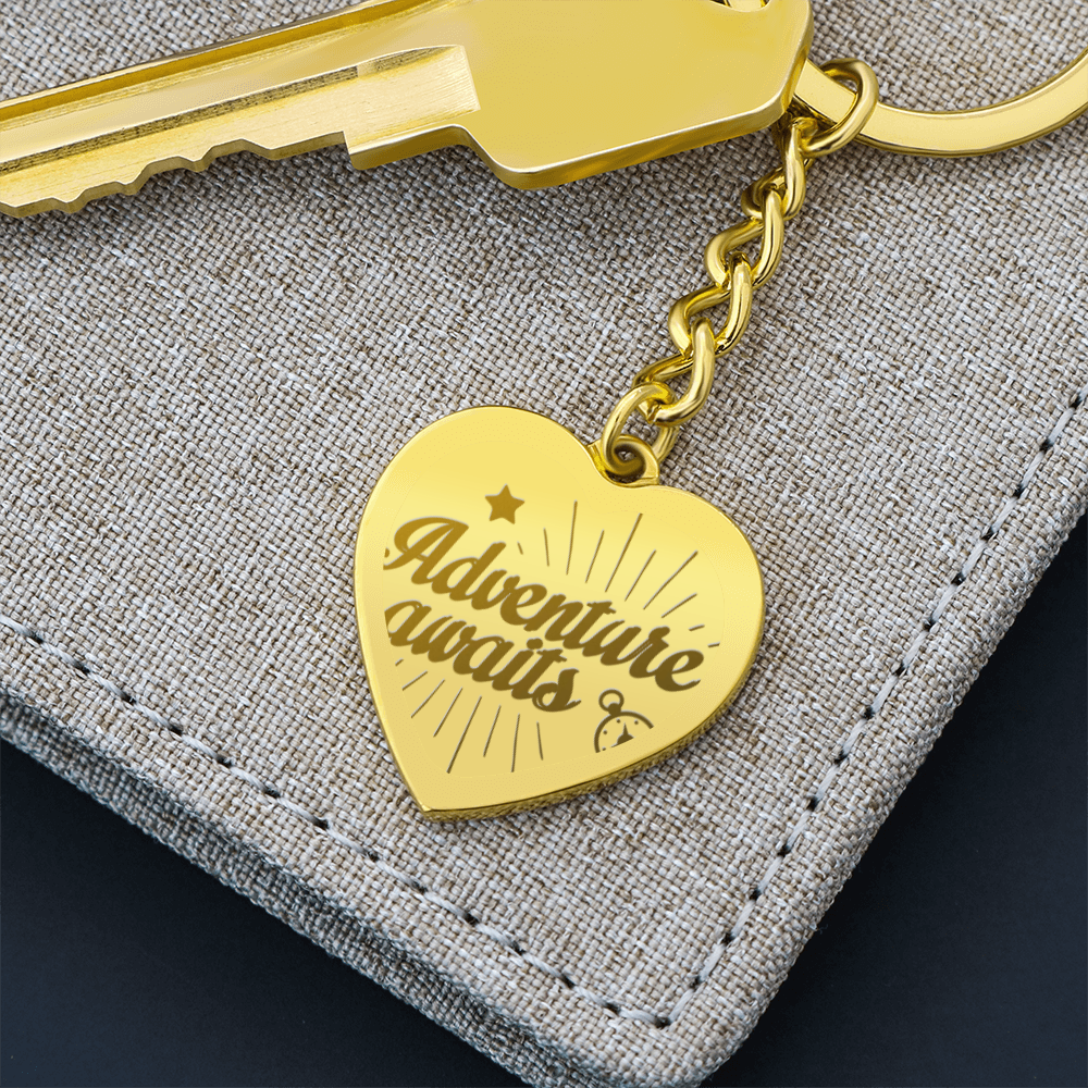 Adventure Awaits Engraved Heart Keychain