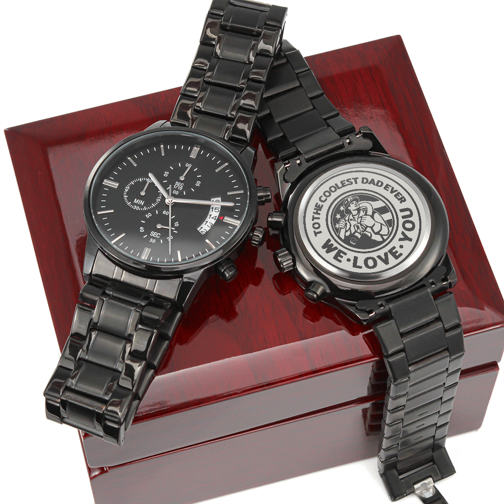 To the Coolest Dad Ever Firefighter Engraved Black Chronograph Watch