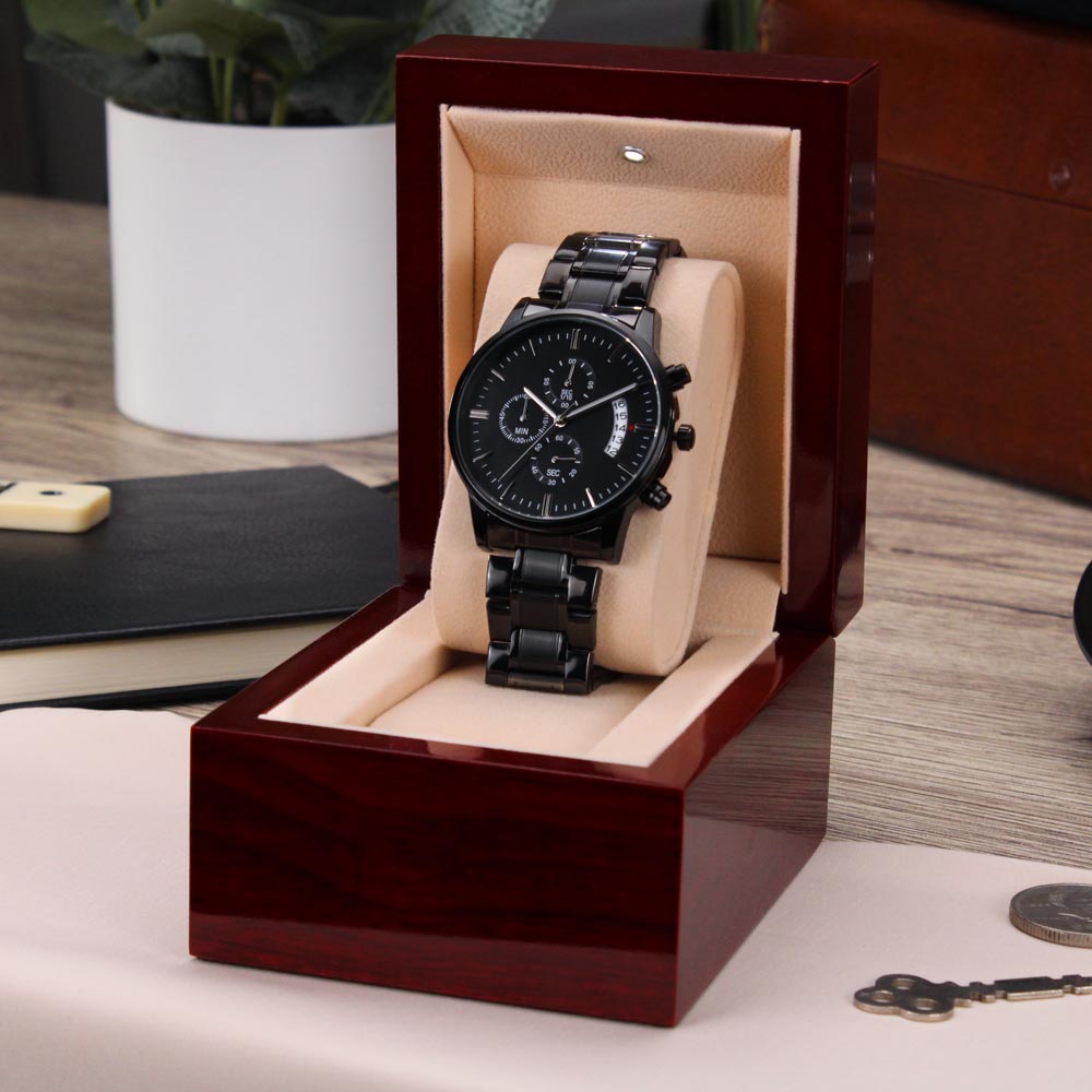 Livin' on a Prayer Faith Based Engraved Black Chronograph Watch