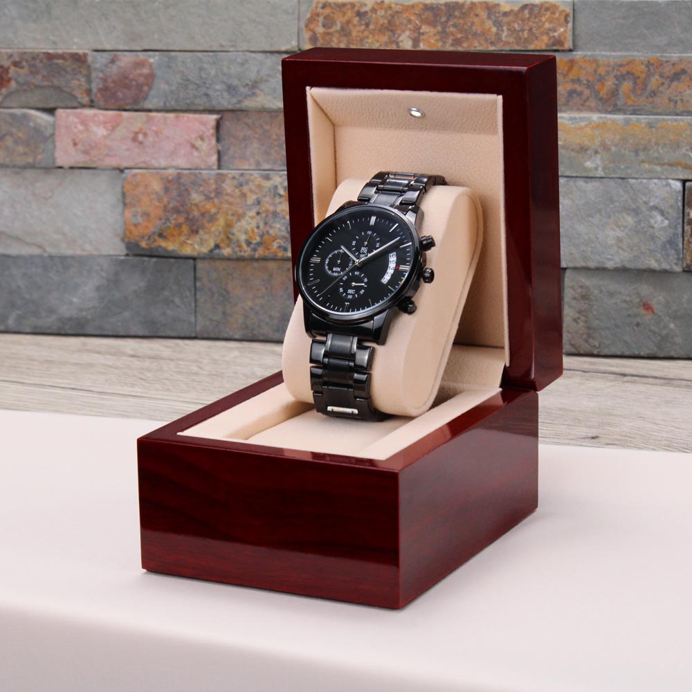 Just Out Here Trusting God Engraved Black Chronograph Watch