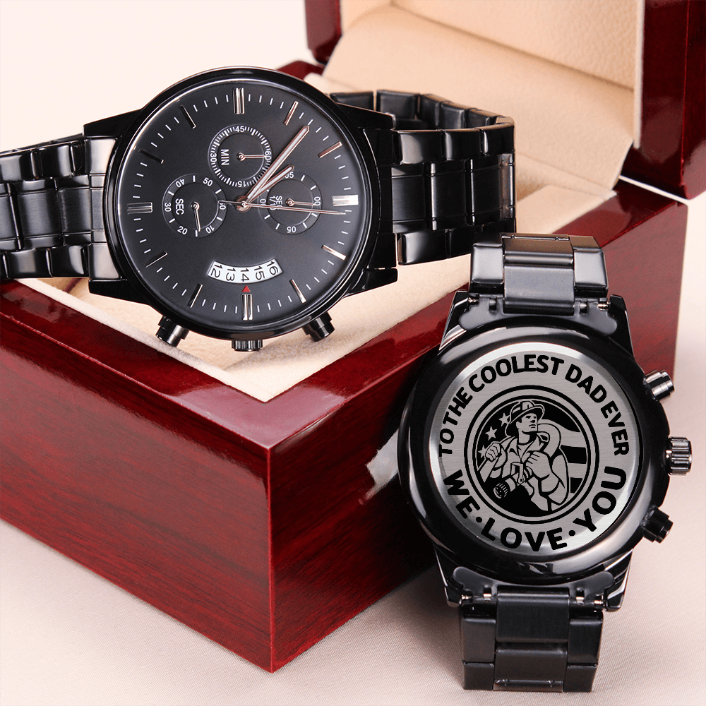 To the Coolest Dad Ever Firefighter Engraved Black Chronograph Watch