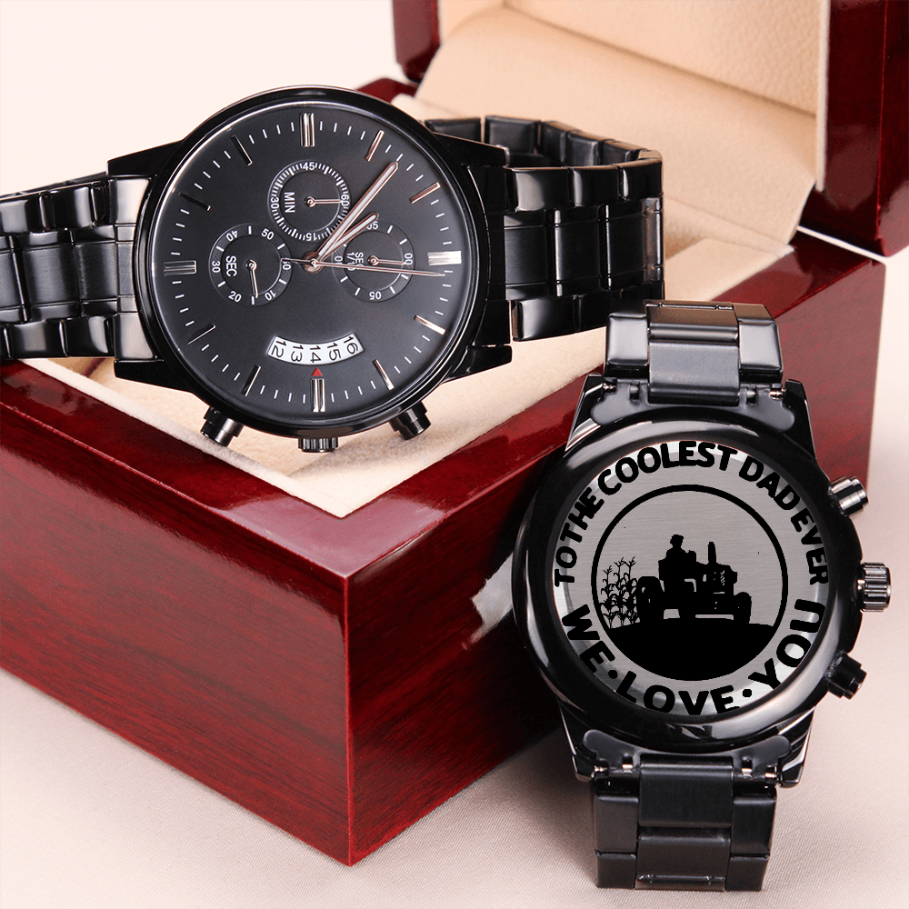 To the Coolest Dad Farmer Engraved Design Black Chronograph Watch