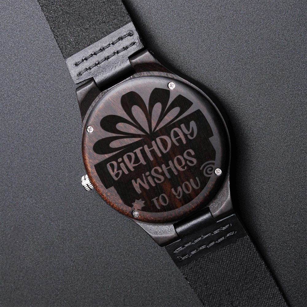 Birthday Wishes to You Engraved Wooden Watch with Leather Strap