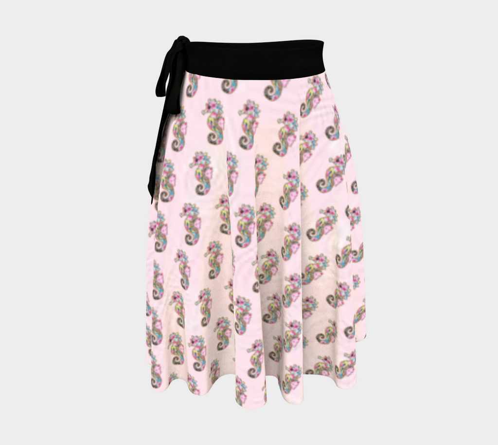 Seahorses on Pink Wave Short Wrap Skirt