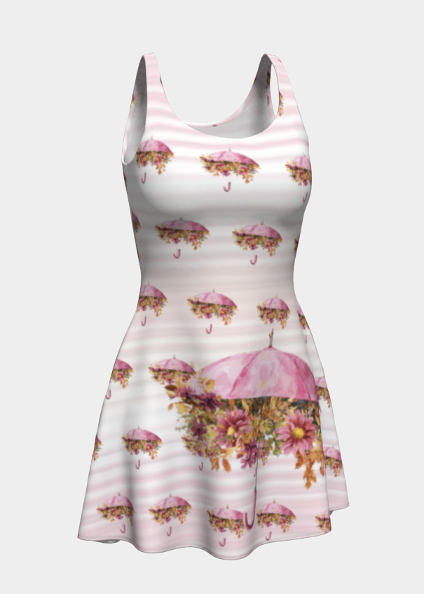 Pink Umbrella Floral Pattern Short Flare Dress