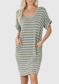 Rolled Sleeve V Neck Pocket Dress