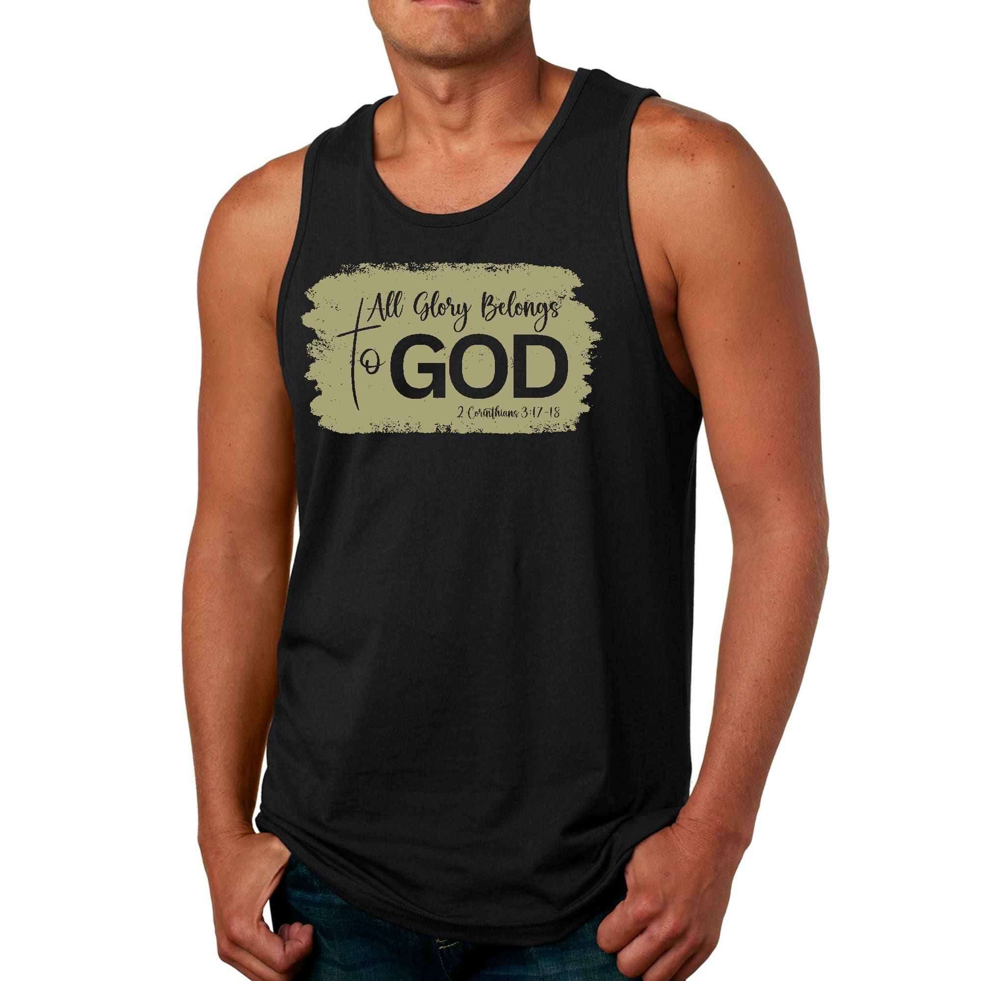 Mens Fitness Tank Top Graphic T-shirt All Glory Belongs to God - Olive