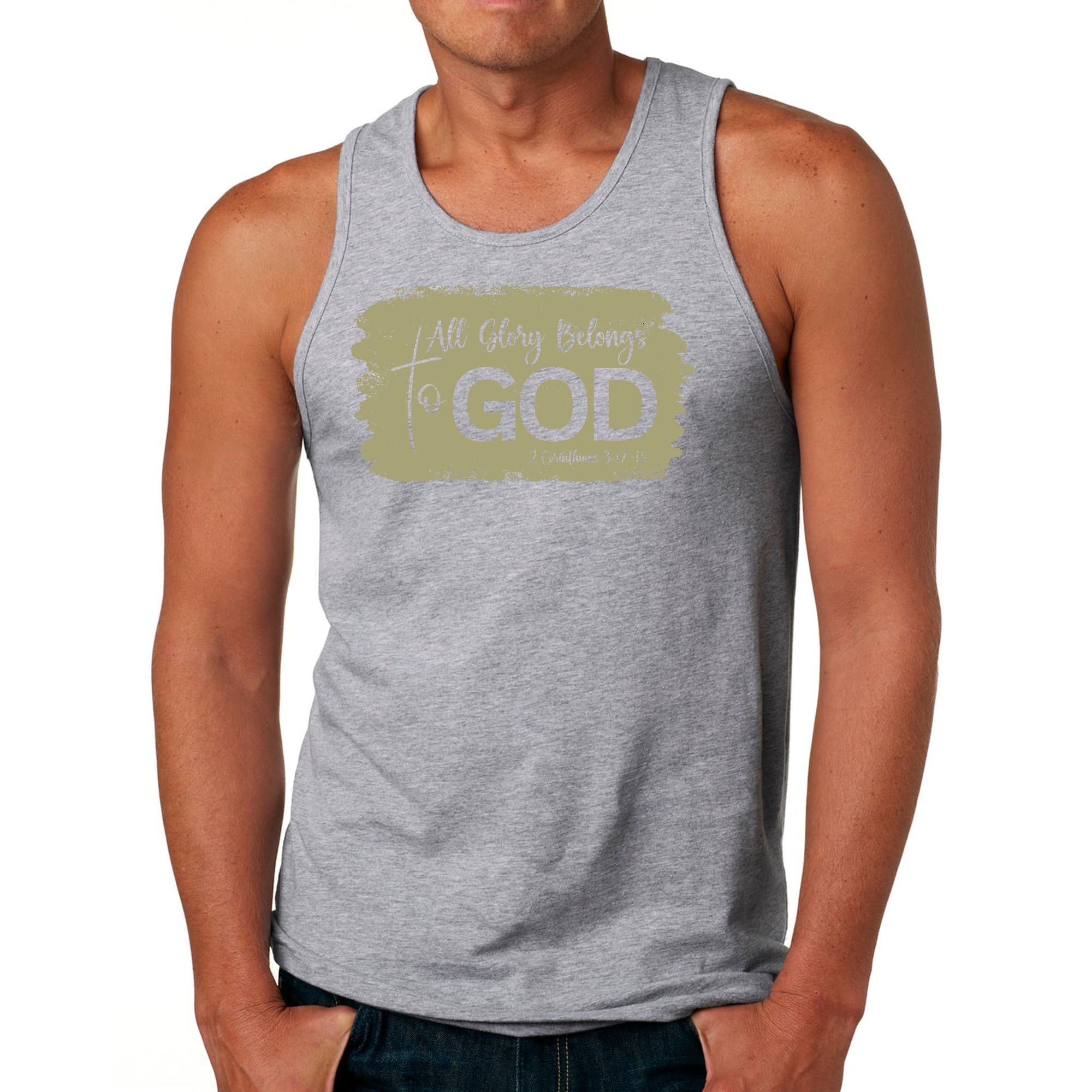 Mens Fitness Tank Top Graphic T-shirt All Glory Belongs to God - Olive