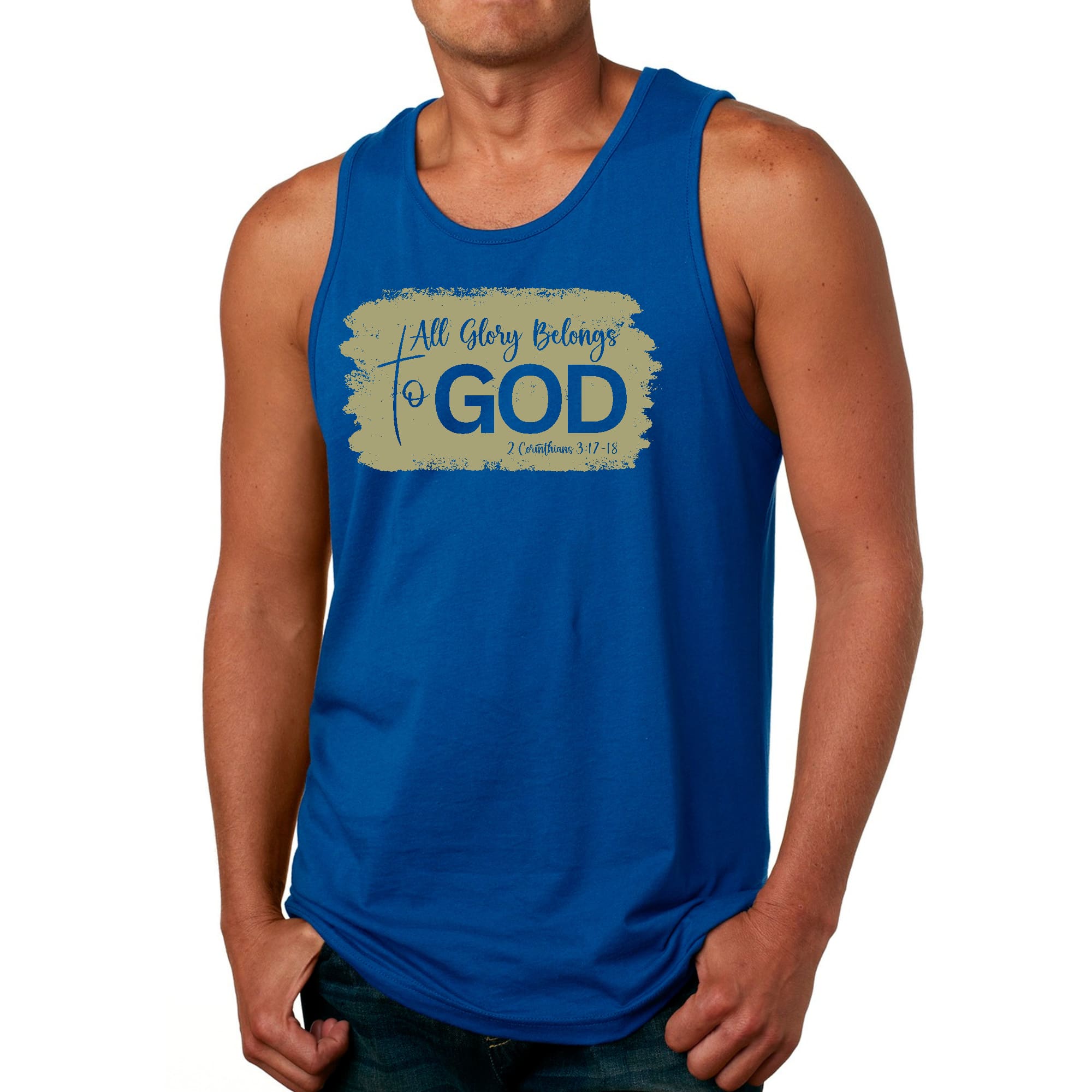 Mens Fitness Tank Top Graphic T-shirt All Glory Belongs to God - Olive