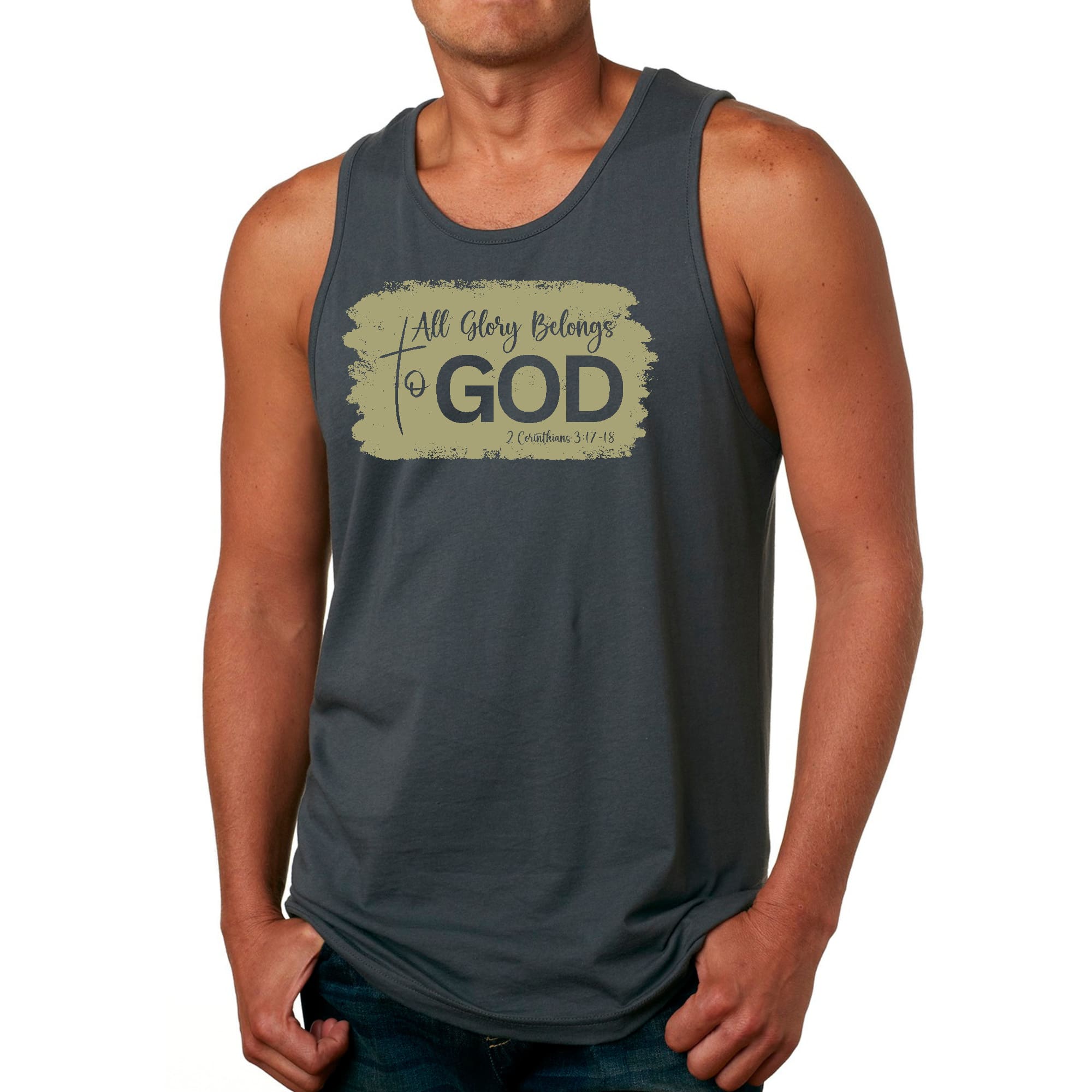 Mens Fitness Tank Top Graphic T-shirt All Glory Belongs to God - Olive